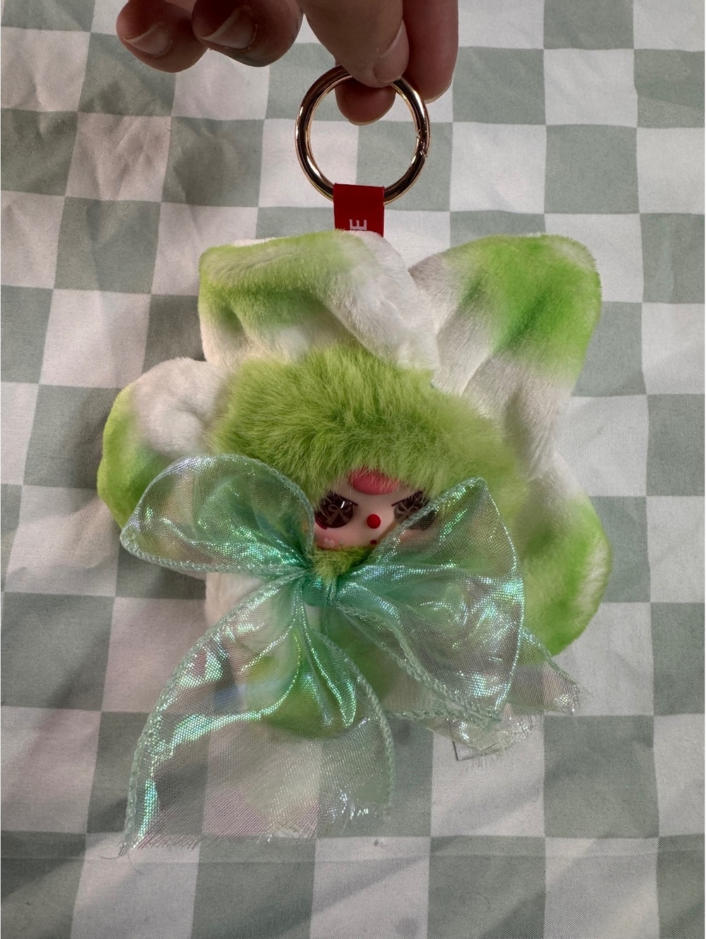 Baby Three Plush Flower Keychain with Green Bow Accent